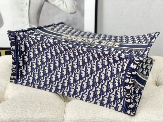 Bolso calificado azul Christian Book Large de Dior Oblique Embroidery Canvas Navy