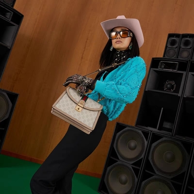 Lona suprema beige y blanca del pequeño bolso del GG Gucci Ophidia de las señoras
