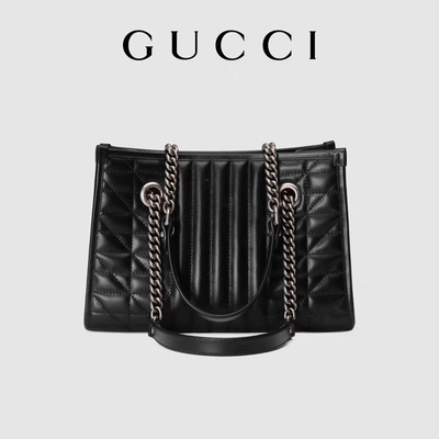 GG calificado de encargo Marmont Matelassé medio Tote Black Leather