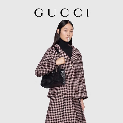 GG calificado de encargo Marmont Matelassé medio Tote Black Leather