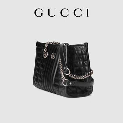 GG calificado de encargo Marmont Matelassé medio Tote Black Leather
