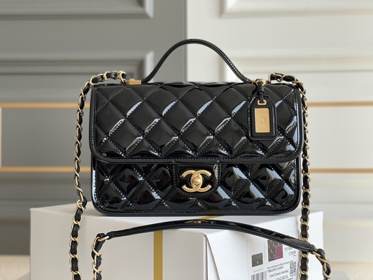 oro 2022 del negro del bolso del queso de soja del charol de Chanel Flap Bag de las mujeres 22k
