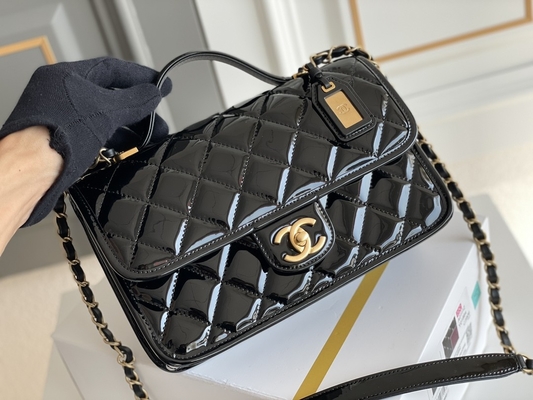 oro 2022 del negro del bolso del queso de soja del charol de Chanel Flap Bag de las mujeres 22k