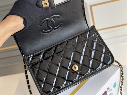 oro 2022 del negro del bolso del queso de soja del charol de Chanel Flap Bag de las mujeres 22k