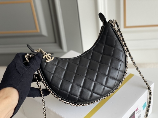 Cuero negro de la piel de becerro del bolso del hobo de Mini Sling Bag Branded Chanel de la cadena