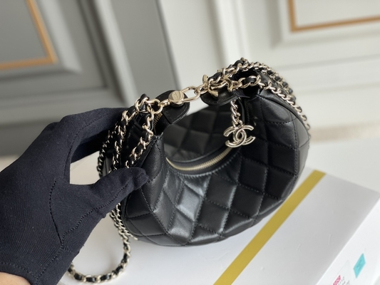 Cuero negro de la piel de becerro del bolso del hobo de Mini Sling Bag Branded Chanel de la cadena