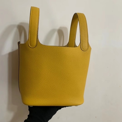 Hermes Branded Ladies Handbag Jaune Ambre Picotin Lock P.M. Clemence Leather Soleil
