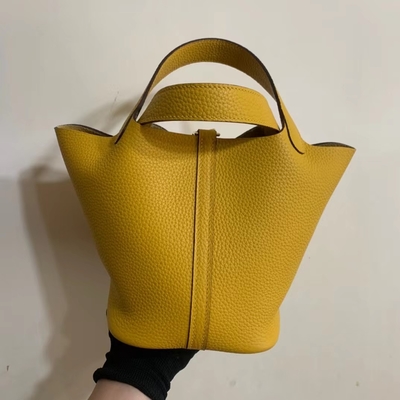 Hermes Branded Ladies Handbag Jaune Ambre Picotin Lock P.M. Clemence Leather Soleil