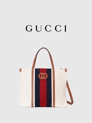 Lona de algodón blanca Mini Blue Striped Tote Bag de Gucci que entrelaza G