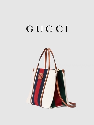 Lona de algodón blanca Mini Blue Striped Tote Bag de Gucci que entrelaza G