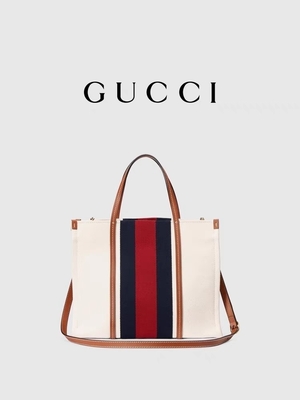Lona de algodón blanca Mini Blue Striped Tote Bag de Gucci que entrelaza G